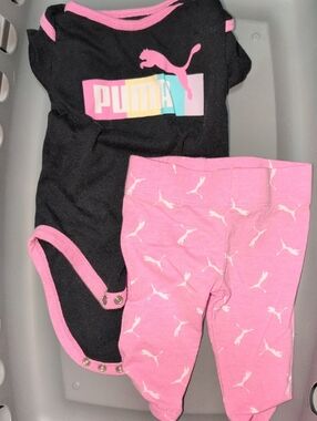 Baby Girls Puma Black Bodysuit with Pink Trim & Pink Logo Leggings